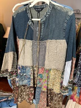 YOUNG THREADS NWT Top Denim Plaid Design Size Large